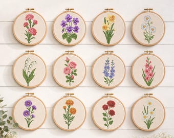 Birth Flower Cross Stitch Pattern Bundle PDF, 12 Floral Bouquets
