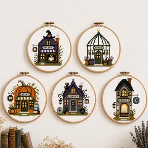 Tiny Witchy Village Cross Stitch Pattern Set, Halloween Cottage Bundle (PDF)
