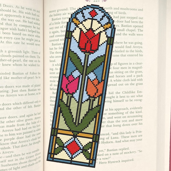 Stained Glass Tulip Bookmark Cross Stitch Pattern PDF, Beginner Friendly Floral Design