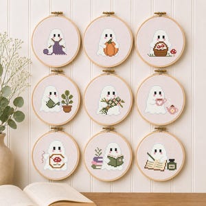 Tiny Cozy Ghost Collection Cross Stitch Pattern, 9 Mini Halloween Ghosts (PDF)
