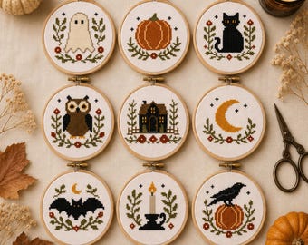 Mini modèle de point de croix Halloween Garden Collection PDF, lot de motifs d'automne
