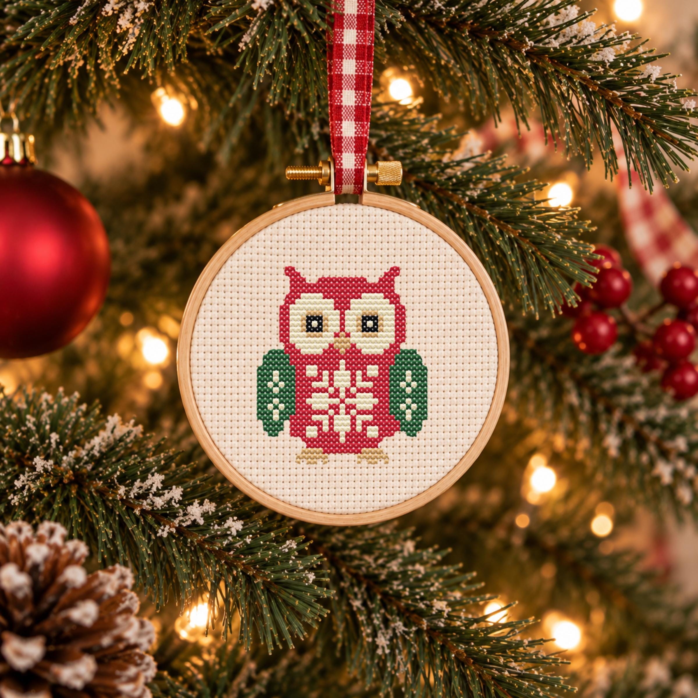 Owl Cross Stitch Pattern, Folk Art Christmas Owl, Mini Holiday Ornament PDF