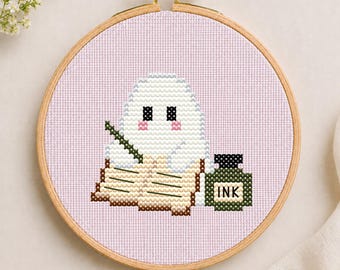 Ghost Cross Stitch Pattern, Tiny Writer Halloween Decor (PDF Download)