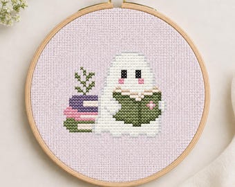 Petit motif de lecture fantôme au point de croix PDF, cadeau pour les amoureux des livres, adapté aux débutants
