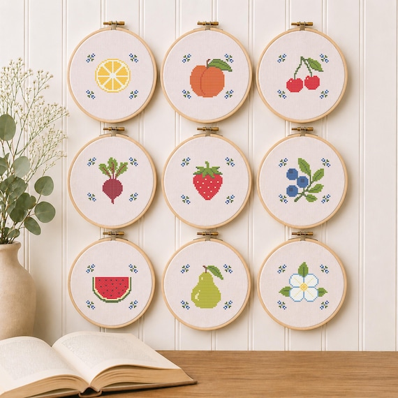 Mini Fruit Cross Stitch Pattern Set, Farmers Market Folk Art Bundle PDF