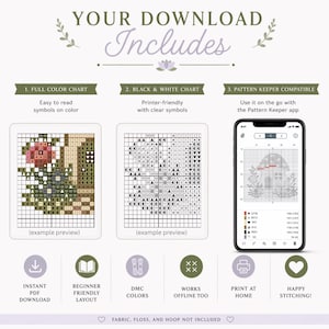 May include: A digital cross-stitch pattern download with a full-color chart, black and white chart, and Pattern Keeper compatibility. The image includes a preview of the pattern, DMC colors, and instructions for printing at home. The text reads "Your Download Includes".