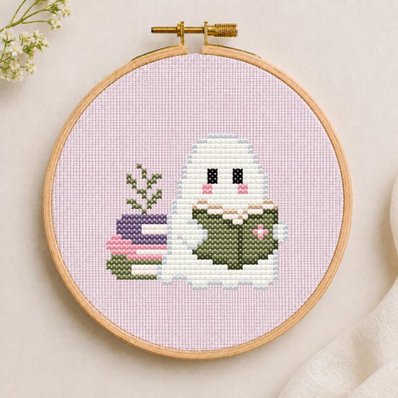 Tiny Reading Ghost Cross Stitch Pattern PDF, Book Lover Gift, Beginner Friendly