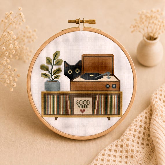 Black Cat Record Player Cross Stitch Pattern PDF, Vinyl Lover Gift, Music Room Decor