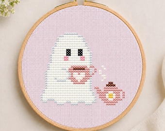 Tiny Tea Ghost Pattern PDF, Mini Counted Cross Stitch, Beginner Design