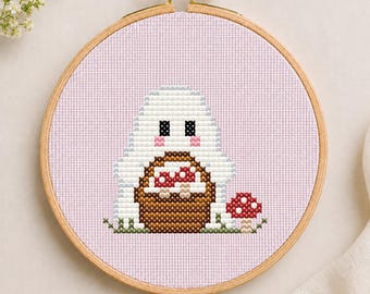 Tiny Mushroom Ghost Cross Stitch Pattern, Cottagecore Beginner PDF