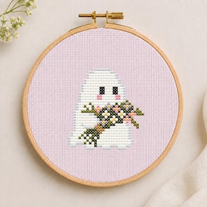 Tiny Floral Ghost Cross Stitch Pattern PDF, Small Bouquet Ghost, Cottagecore Halloween Decor