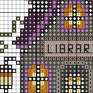 May include: A cross-stitch pattern with a repeating design of stars, moons, and hearts. The word "LIBRARY" is stitched in the center. The color palette includes purple, orange, black, and white.