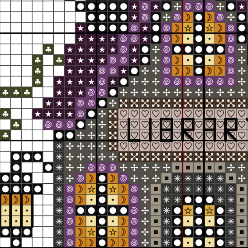 May include: A cross-stitch pattern with a repeating design of stars, moons, and hearts. The word "LIBRARY" is stitched in the center. The color palette includes purple, orange, black, and white.