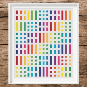 Puede incluir: Un patrón geométrico abstracto colorido con cuadrados y rectángulos en tonos de rojo, naranja, amarillo, verde, azul, morado y rosa. El patrón está enmarcado en un marco blanco.