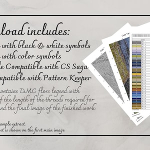 May include: Image of cross-stitch pattern download details. Includes PDF files with black & white and color symbols, .OXS file compatible with CS Saga, and PDF compatible with Pattern Keeper. Each PDF contains DMC floss legend and final image.