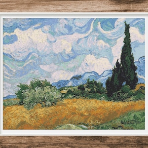 May include: A painting of a landscape with a blue sky and white clouds. There are trees in the foreground and a field of yellow grass.