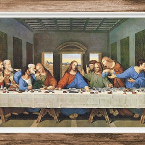 May include: A painting depicting the Last Supper, a famous scene from the Bible. Jesus sits at the centre of a long table with his disciples, all dressed in traditional clothing. The painting is set in a room with a wooden table and chairs, and a window in the background.