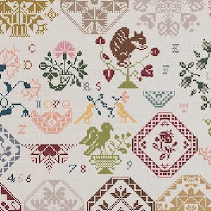 May include: A detailed cross-stitch pattern featuring floral and geometric designs in various colors, including pink, green, and brown. The design includes birds, squirrels, and floral motifs, with letters and numbers incorporated throughout. The overall theme is a vintage, handcrafted aesthetic.