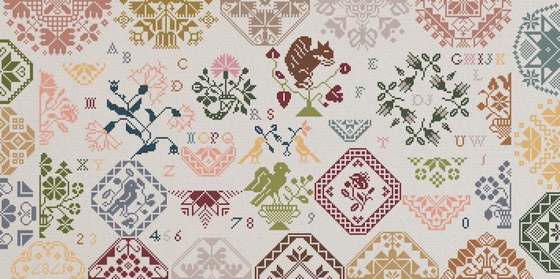 May include: A detailed cross-stitch pattern featuring floral and geometric designs in various colors, including pink, green, and brown. The design includes birds, squirrels, and floral motifs, with letters and numbers incorporated throughout. The overall theme is a vintage, handcrafted aesthetic.