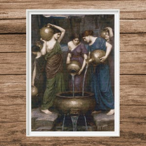 May include: A framed print of a classical painting depicting women in draped garments pouring water from golden jugs into a large bronze basin. The women are in shades of green, purple, and blue.