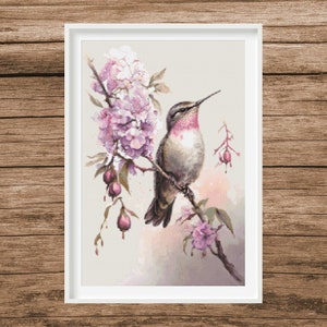 May include: A watercolor painting of a hummingbird perched on a branch of pink flowers. The hummingbird is facing to the right and has a long, thin beak. The flowers are in bloom and have delicate petals.