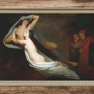 May include: Framed classical painting showing two figures, one draped in white fabric, the other partially covered. Two other figures in the background observe the scene. The artwork is set against a dark, moody backdrop.