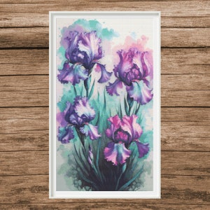 May include: A watercolour painting of purple and pink irises with green leaves and a white background.