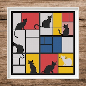 May include: A cross-stitch pattern featuring a geometric design with black silhouettes of cats in various poses. The design is reminiscent of a famous abstract painting. The background is a colorful grid of red, yellow, blue, and white.