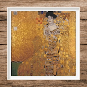 May include: A painting of a woman in a gold dress with a geometric pattern. The background is a gold mosaic with a geometric pattern. The woman's hair is dark and she is wearing a gold necklace.