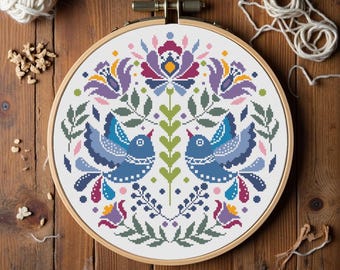 Folk Art Birds Cross Stitch Pattern | Floral Sampler (PDF)