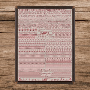 May include: A framed vintage sampler with red cross-stitch patterns and lettering. The design includes alphabets, decorative borders, and religious text, with the words "Behold the DOOR" and "JESUS the LIFE".