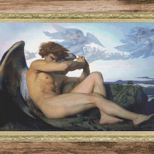 May include: A painting of a winged angel with a sorrowful expression, sitting on a rock with a dark blue background. The angel has a large, dark wing and is surrounded by a group of smaller, white wings.