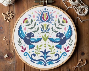 Folk Birds Cross Stitch Pattern | Floral Sampler (PDF)