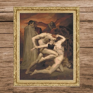 May include: A framed oil painting depicting a scene from Dante's Inferno. Two nude figures wrestle in the foreground, while a crowd of figures watch from the background. The painting is set against a fiery red sky.