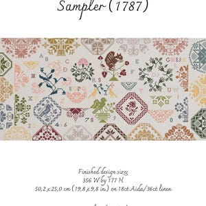 May include: A cross-stitch sampler chart titled "Quaker Medallion Sampler (1787)" with a variety of geometric and floral patterns in muted colors. The design includes a squirrel, birds, and floral motifs. The finished design size is 19.8 x 9.8 inches.