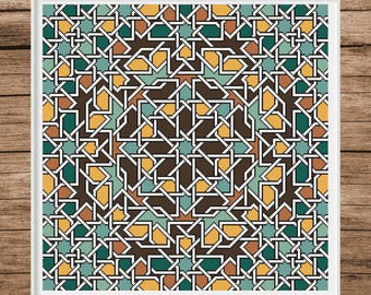 May include: A framed geometric pattern in a square format. The design features an intricate mosaic of interlocking shapes in shades of brown, teal, yellow, and white. The artwork is set against a wooden background, enhancing its visual appeal.