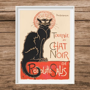 Puede incluir: Un cartel vintage que anuncia una actuación del cabaret "Chat Noir". El cartel presenta un gato negro con un halo rojo y el texto "Tournée du Chat Noir de Rodolphe Salis".