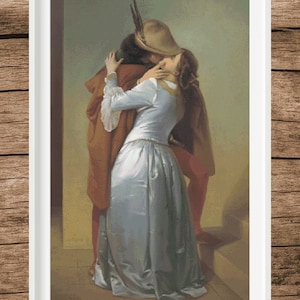 May include: A painting of a couple kissing. The man is wearing a brown hat and a red and brown jacket. The woman is wearing a white dress. The painting is set against a light blue background.