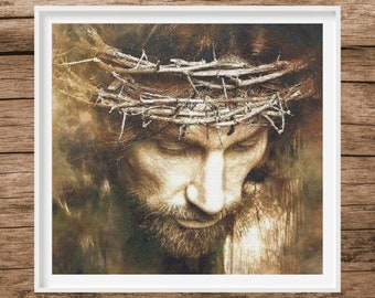 May include: A close-up image of a man with a crown of thorns on his head. The image is in sepia tones and the man's face is downcast.