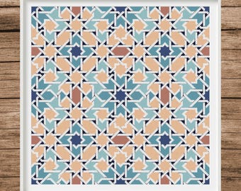 May include: A geometric pattern with a repeating design of stars and interlocking shapes in shades of blue, peach, and white. The pattern is framed in a white frame.
