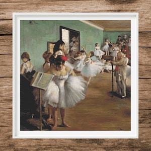 May include: A painting depicting a ballet class in a studio. The room is painted a pale green and the floor is wood. There are many young women in white tutus practicing ballet. A man in a dark suit is standing in the background, watching the class.