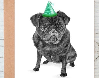Black Pug Dog art Birthday Greetings/Note Card (can be personalised)