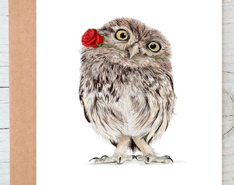 Little Owl Love Card Valentines Card, Anniversary Card, Wedding Card art Greetings/Note Card (can be personalised)