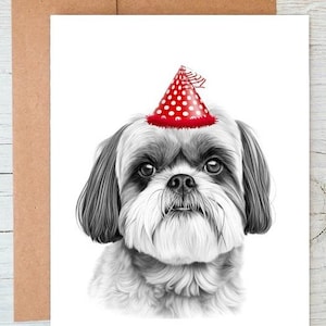 Shih Tzu (n° 4) Art chien chapeau d'anniversaire | Félicitations | Bravo/Carte de correspondance (peut être personnalisée)