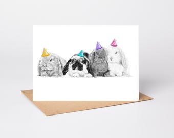 Lop Eared Bunny Chums, Rabbit art Birthday Greetings/Note Card (can be personalised)