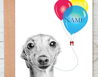 Whippet, Italian Greyhound sighthound Dog art Birthday Greetings/Note Card (can be personalised)