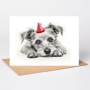 May include: A pencil drawing of a small dog wearing a red party hat with white polka dots. The dog is lying down, looking directly at the viewer. The artwork is on a white card, resting on a brown envelope.