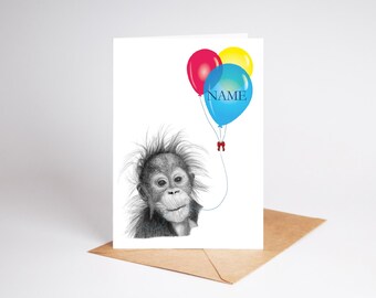 Orang, Orangutan art Birthday Greetings/Note Card (can be personalised)