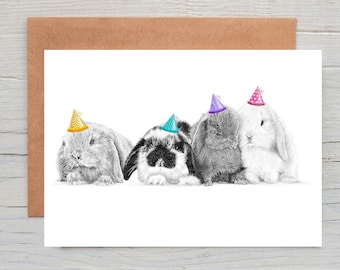 Lop Eared Bunny Chums, Rabbit art Birthday Greetings/Note Card (can be personalised)