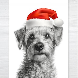 May include: A black and white pencil drawing of a dog wearing a red and white Santa hat. The dog has a fluffy, textured coat and a focused expression. The artwork is set against a white background, evoking a festive holiday theme.